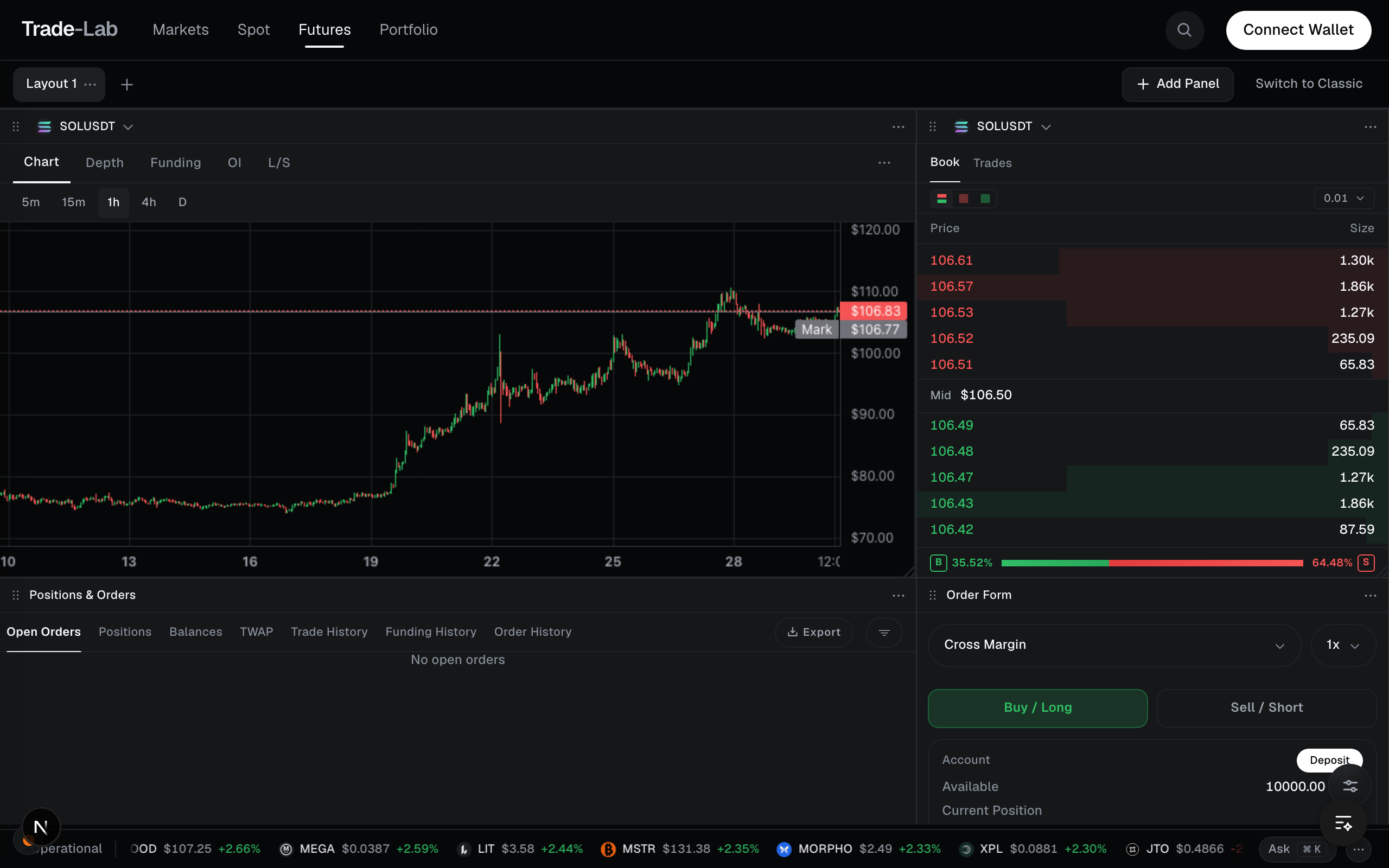 The default workspace — chart, order book, order form and positions.